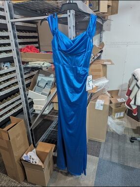 Macy's Royal Blue Satin V-Neck Sleeveless Prom Gown